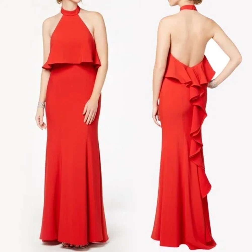 XSCAPE red backless ruffle dress